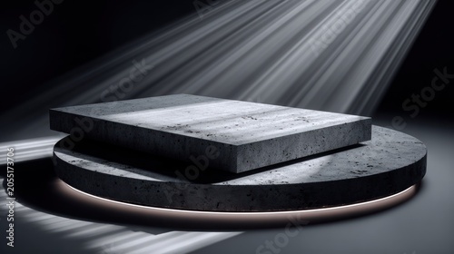 Stacked stone podium design illuminated by dramatic overhead spotlights in a dark setting