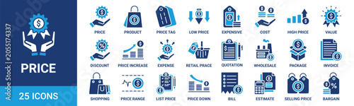 Price icon set. Containing product, price tag, cost, quotation, invoice, estimate, discount and more. Solid vector icons collection.