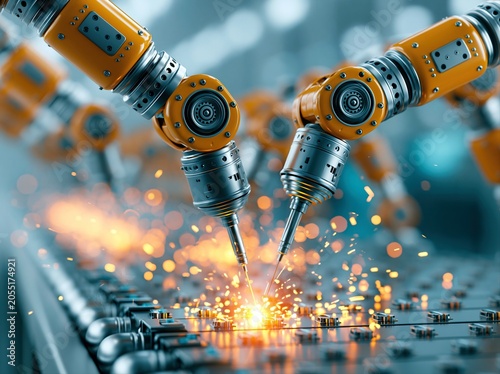 Robotic arms performing welding tasks in a factory during daytime operations