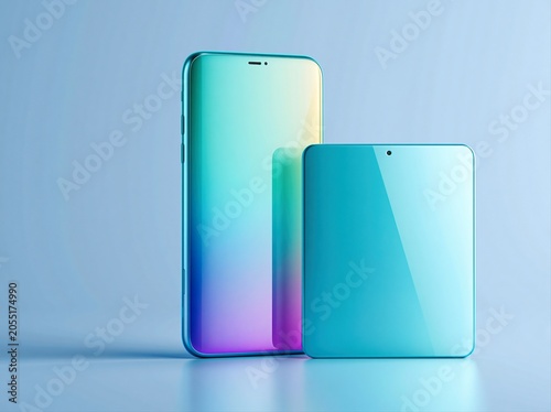 Smartphone and tablet set on a blue background with colorful gradient design showcasing modern technology