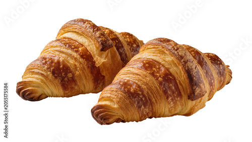 Canvas Print Isolated two delicious golden brown flaky croissants fresh pastry baking dessert
