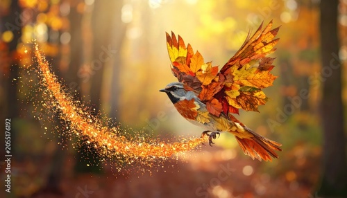 Vibrant orange bird in flight leaves.