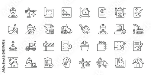 Construction management icons in line design. construction management, building project, architecture, engineering, contractor, planning, construction site on white background vector. Construction man