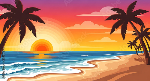 Beautiful Tropical Beach Sunset Illustration with Palm Trees and Ocean Waves under a Colorful Summer Sky