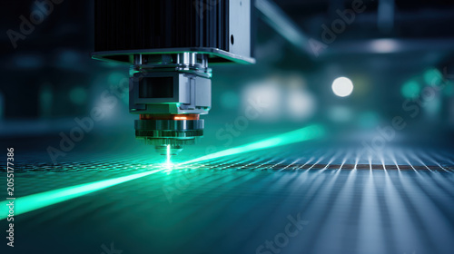 Industrial printer laser cutting metal grid precision machine manufacturing process automated equipment cyan light engineering technology close up factory scene