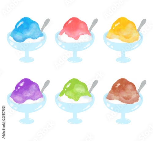 夏祭りのかき氷イラストセット　お祭り　装飾　縁日　屋台　シンプル　かわいい　夏　カキ氷　氷　食べ物　デザート