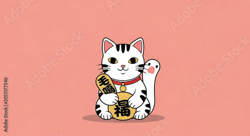 Charming white lucky cat illustration beckoning good fortune and prosperity, a traditional Japanese symbol of wealth and success on a vibrant pink background