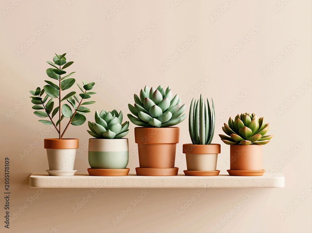 Fototapeta premium Five potted plants arranged on a wooden shelf against a light wall in a simple indoor setting