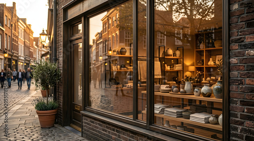 Charming boutique storefront display with warm lighting and autumn decor in urban street setting