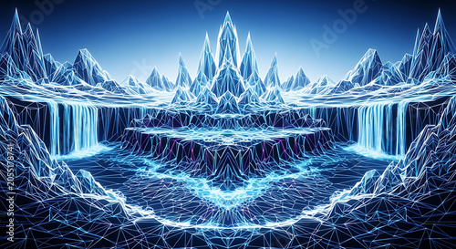 Digital Surreal Ice Mountain Landscape with Glowing Waterfall Streams and Abstract Geometric Mesh Structures in a Cold Futuristic Fantasy Environment
