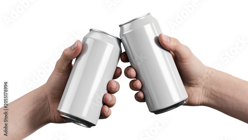 Isolated Two hands holding clinking blank white aluminum soda cans, cheers celebration mockup