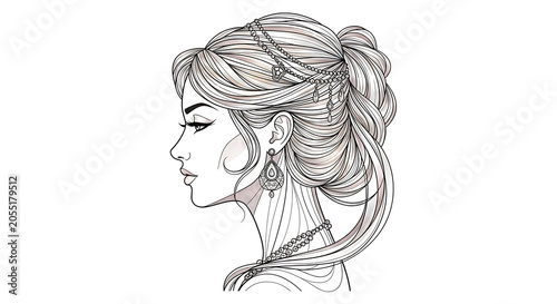 Elegant woman profile line art illustration with ornate braided hairstyle and jewelry