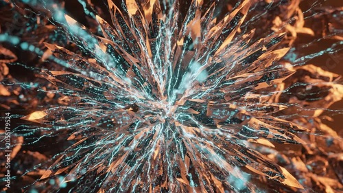 Abstract crystal formation with vibrant blue light effects and sharp edges, showcasing dynamic movement and intricate details in a visually striking environment