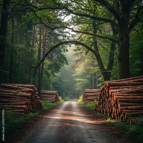Forest road with stacked logs