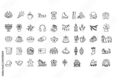 45 Hand-Drawn Holiday and Winter Icons Collection Featuring Christmas, Hanukkah, Santa, Snowman, Gifts and Seasonal Decorations