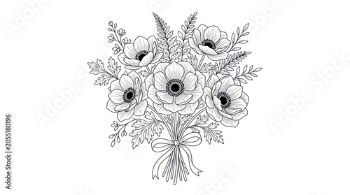 Foto Elegant Anemone Flower Bouquet Line Art, Hand Drawn Botanical Illustration