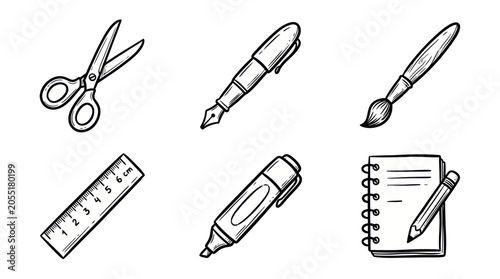 Quadro su tela Hand-drawn School and Office Supplies Icons: Scissors, Pen, Brush, Ruler, Marker