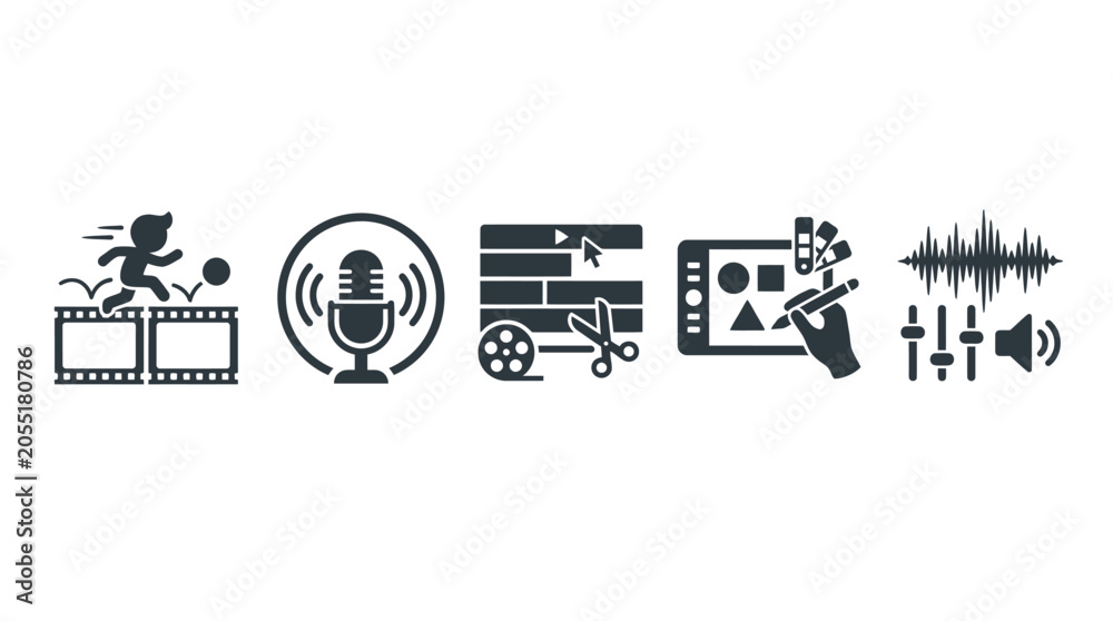 Obraz premium Black icons for multimedia and recording.