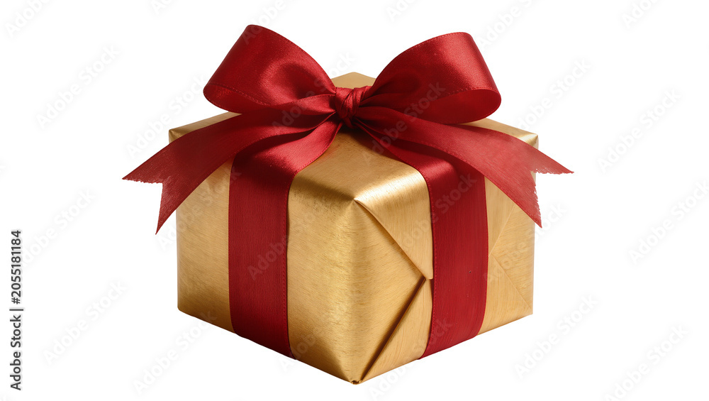 Fototapeta premium Isolated elegant golden gift box wrapped with a vibrant red ribbon and festive bow