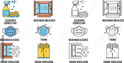 Fotografi Disease Prevention Icons Disinfectant Mask Gloves and Ventilation
