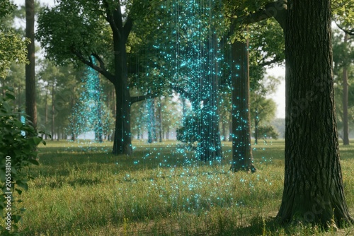 Digital Carbon Neutral Forest With Glowing Blue Energy Particles