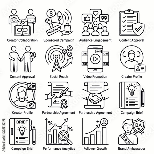 Obraz na płótnie Set of flat line icons representing digital marketing and social media strategies for business growth and brand promotion