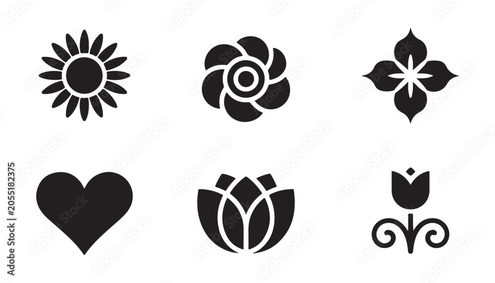 Fototapeta premium Black floral vector icons set featuring sun flower geometric rose clover heart and lotus shapes.