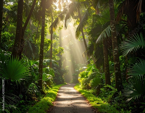 Serene forest path with sunbeams filtering.