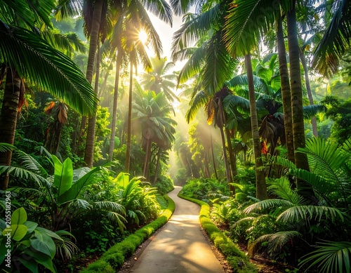 Tropical forest path with palm trees.