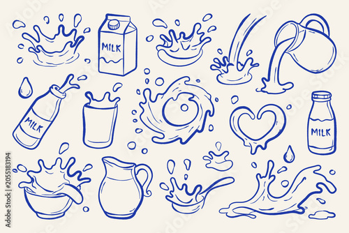 Hand drawn milk splash collection with bottle, carton, jug and glass. Doodle dairy set featuring liquid splash, drop and swirl elements in outline vector style.