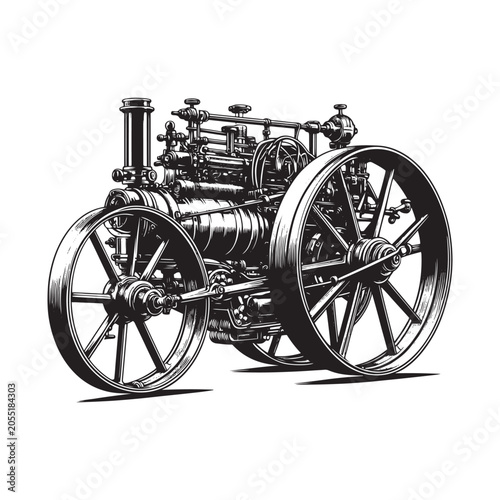 Black and white illustration of vintage steam engine on white background