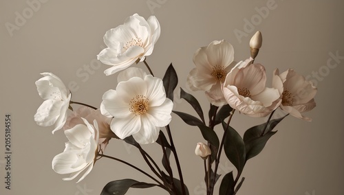 Delicate white and blush pink blossoms, artfully crafted and arranged on dark stems. Each petal is intricately detailed, exuding a soft, ethereal beauty.