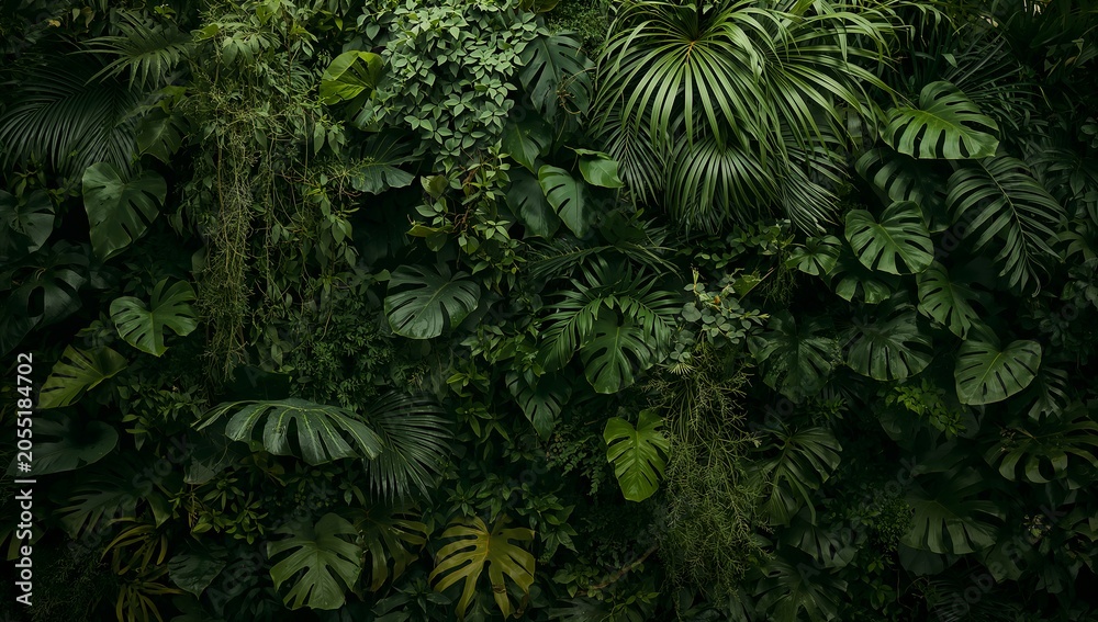 Fototapeta premium A dense vertical garden overflowing with lush green foliage. Diverse plant species create a vibrant tapestry of textures and shades, evoking a sense of natural abundance