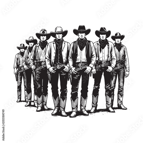A group of cowboys standing together isolated on white background