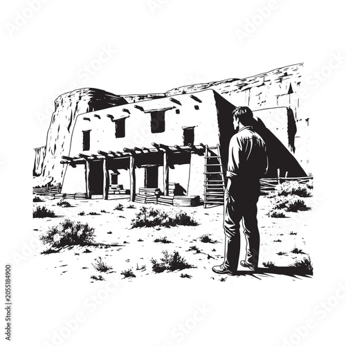 Man standing in front of an old adobe house isolated on white background