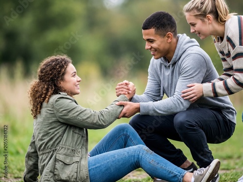 Friends help each other get back up after a fall, a symbol of mutual support and care, a high-quality, clear, and detailed photo with an isolated background.
