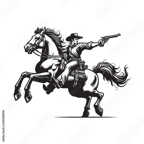 Cowboy riding horse while holding gun isolated on white background