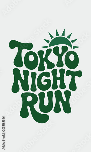 Tokyo night run logo with blue text and orange sun on gray background