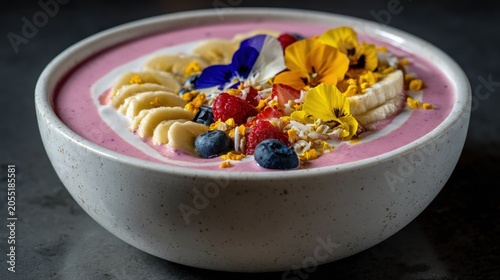 Vibrant fruit and floral toppings garnish a thick, colorful smoothie served in a textured ceramic bowl.