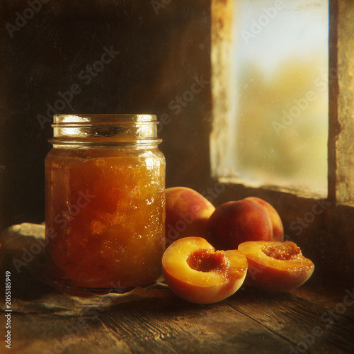 homemade peach jam rustic wooden table