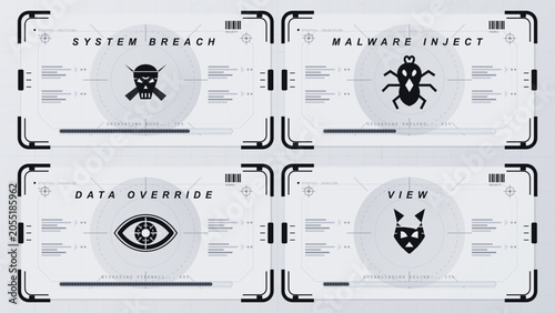 Fotografija Set of four futuristic cybersecurity alert panels with hacker mask, malware bug,