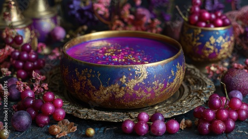 Ornate vessel filled with rich purple beverage surrounded by fresh grapes and decorative elements