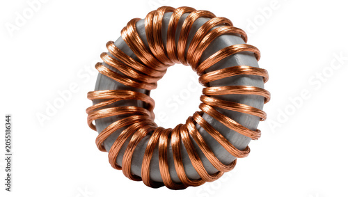 Fotografie Isolated high-frequency toroidal core inductor, copper wire coiled around gray ferrite core