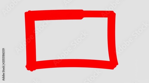 Static shot of red brush stroke progressively drawing and filling square frame on white background in minimal studio setting, step by step illustration