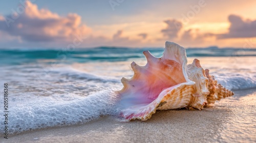 Large seashell rests on wet sand as ocean waves foam near the shoreline during sunrise