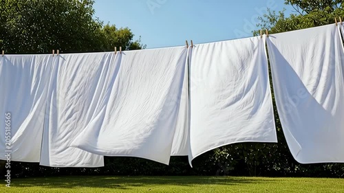 Laundry - White Bed Sheets Blowing in the Wind on an Outdoor Clothesline on a Sunny Summer Day in a Green Garden