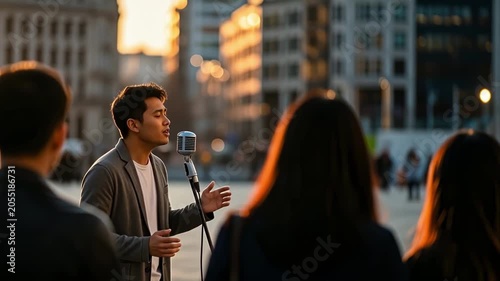 Music - Young Asian Man Singing at Vintage Microphone Outdoors in City Square at Golden Hour with Small Audience Watching