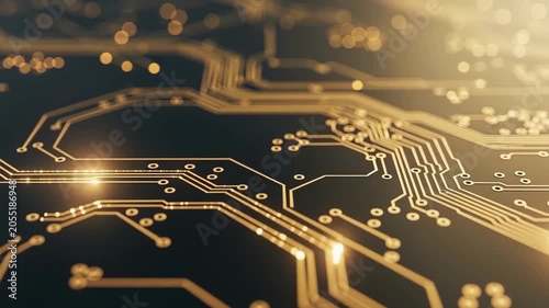 Technology - Gold Circuit Board with Glowing Data Flow Lines Close Up 3D Animation on Dark Background