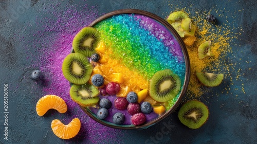 Vibrant rainbow colored fruit smoothie bowl creation garnished with fresh toppings and colorful powder on dark surface