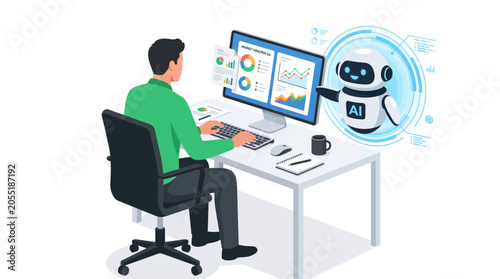 Man sitting at desk using computer for market analysis with charts and graphs while a robot assistant helps, representing artificial intelligence integration and illustrating modern data processing
